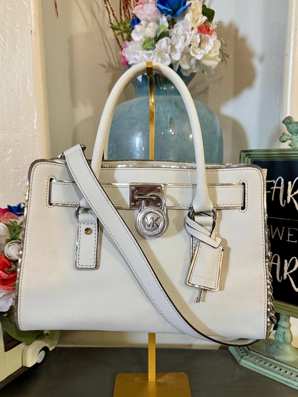 Michael Kors Hamilton White Saffiano Satchel w Silver Hardware & Working Lock